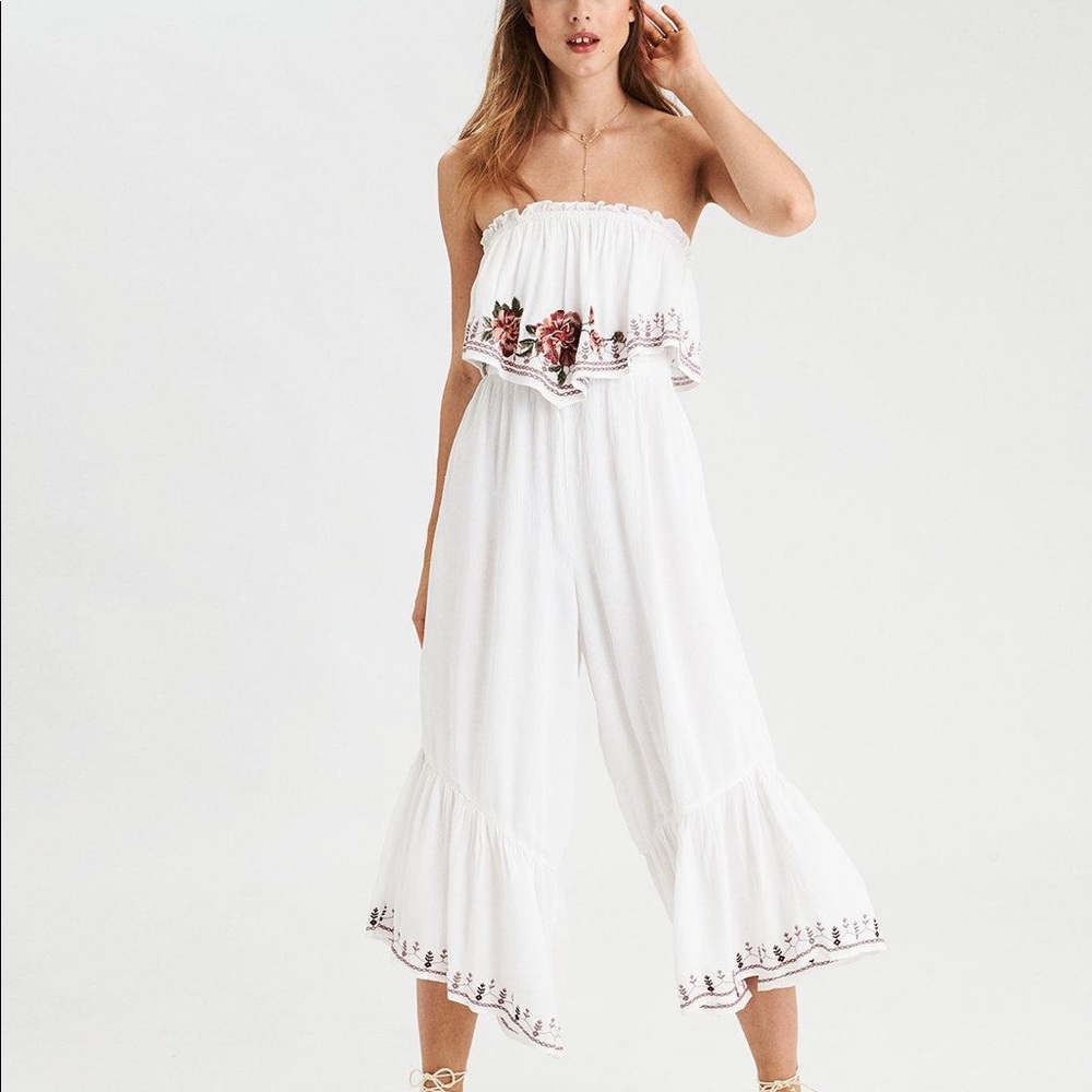 American Eagle White Flare Strapless Jumpsuit